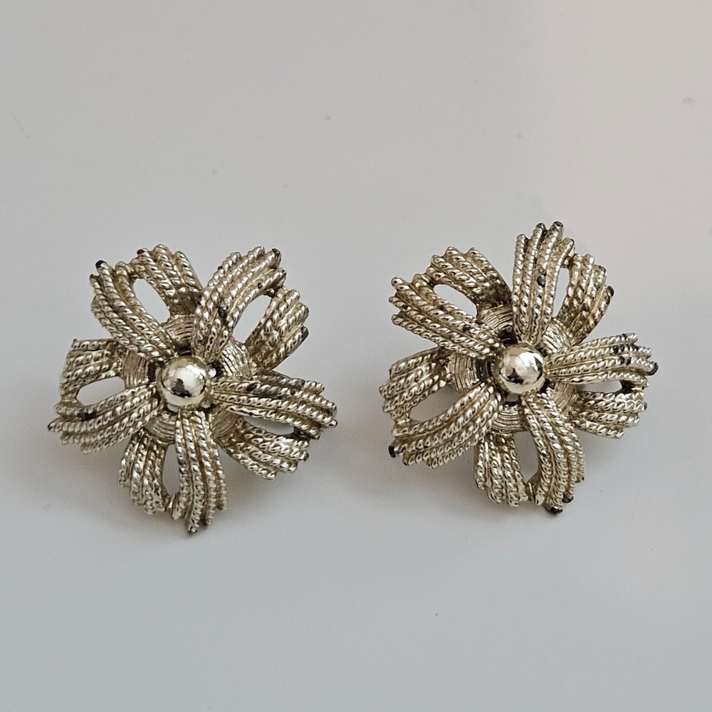 Vintage Coro Earrings Textured Gold Tone Flower Clip On